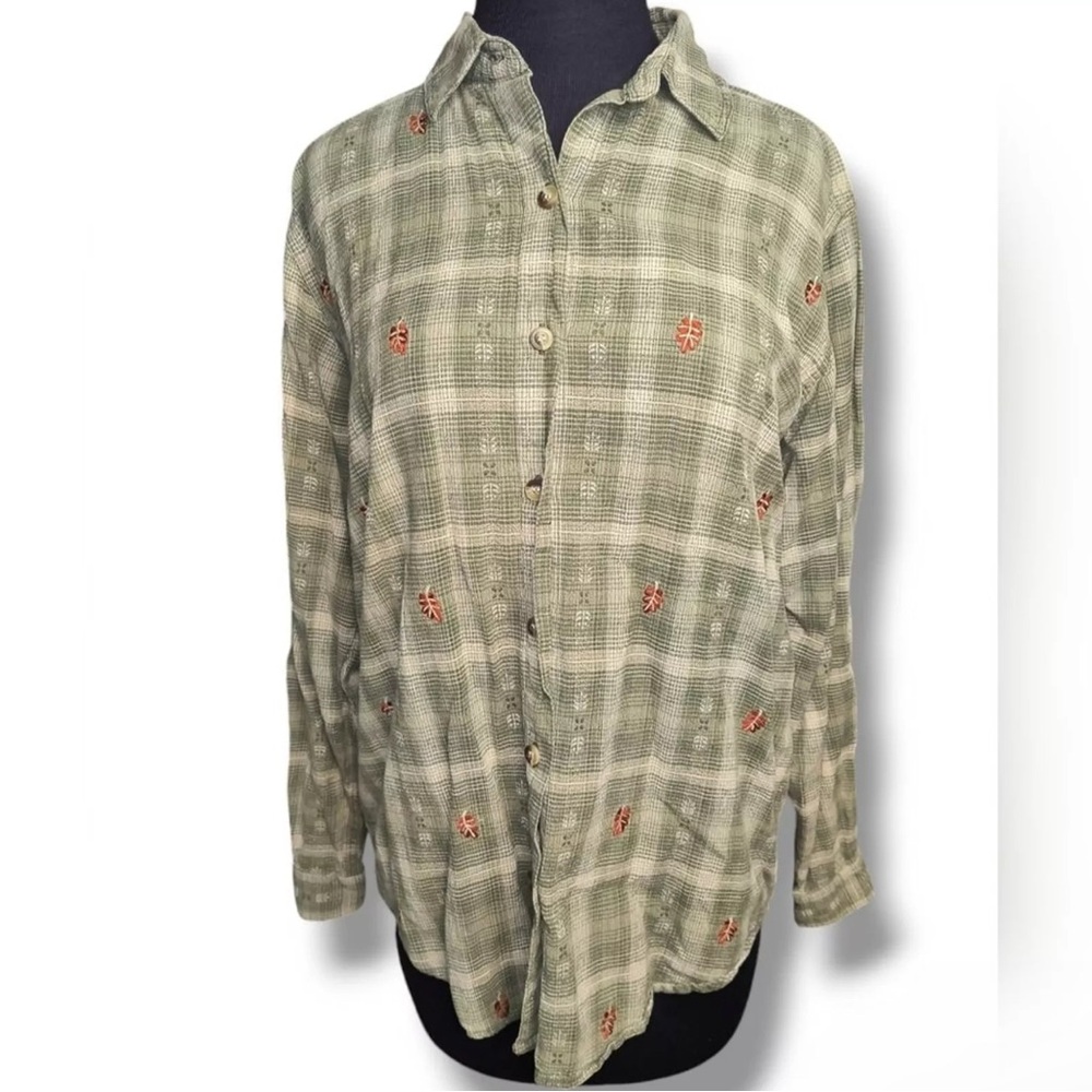 Vintage 100% Cotton Casey & Max Plaid Autumn Fall Leaves Green White Button Down